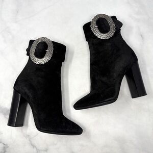 Saint Laurent Joplin Western Embellished Suede Block Heel Ankle Boots Black 35.5